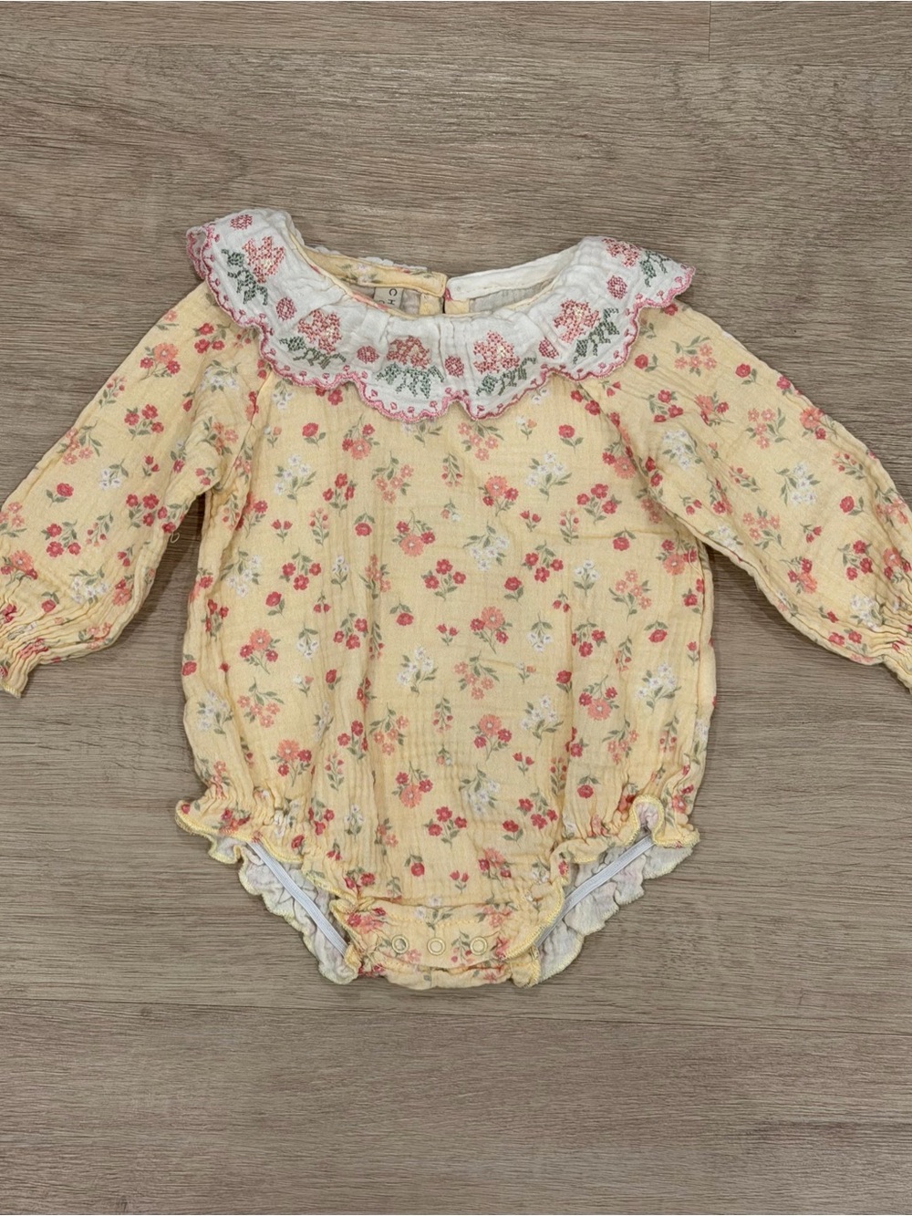 Chickpea Organic Yellow Floral Embroidered Onesie | 3-6 M